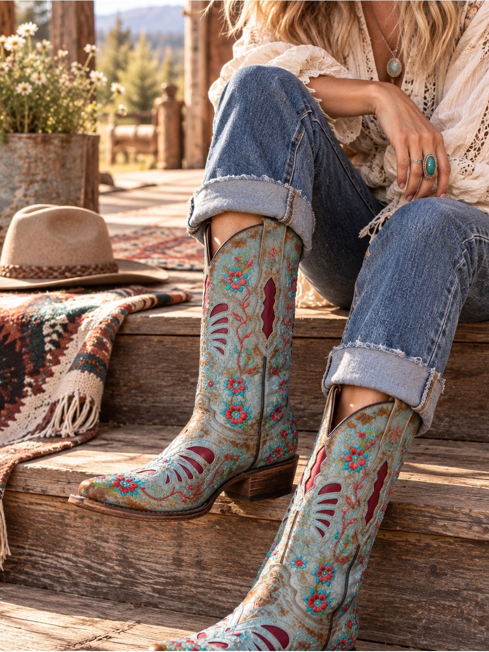 Vintage Mexican Leather Embroidered Western Cowboy Boots 7.5B | Colorful Floral - Picture 12 of 16